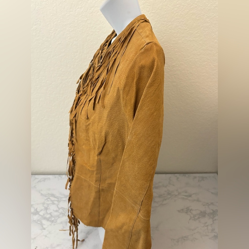 Outer Edge Leather Jacket Women's M Tan Suede Open Front Fringe Cowgirl Vtg - Picture 2 of 5